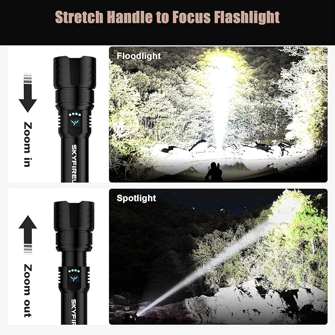 SKYFIRE LED Flashlights High Lumens,2000lm Super Bright Rechargeable Flashlight with Ignition Lens, Zoomable,Output,Waterproof Flash Light for Camping Essentials,Outdoor and Home(Black)