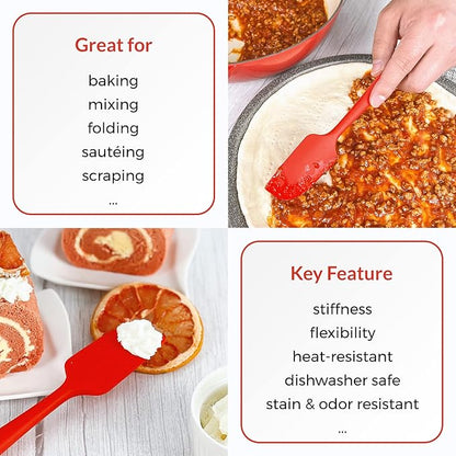 Elihome Chef Series 3 Piece Silicone Spatula Set - 600°F Heat Resistant Non Stick Rubber Kitchen Scraper Spatulas for Cooking, Baking, and Mixing – BPA Free and LFGB Certified Silicone (Red)