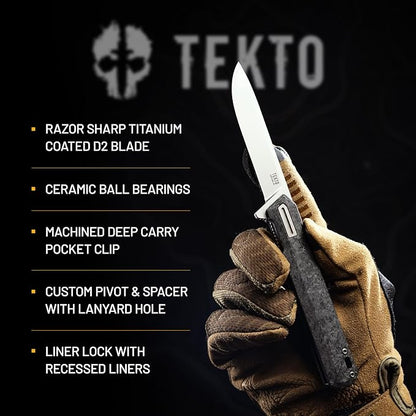 F2 Bravo Folding Knife Pocket - D2 Steel Blade, Ceramic Ball Bearings - EDC - Snap, Swift Flip - Camping, Backpacking - 2.4oz (68g), Forged Carbon Handle, Silver Titanium Accents