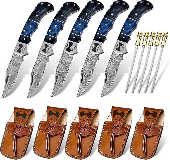 Set of 5 - Personalized Damascus Pocket Knife for Groomsmen -With Leather Sheaths - Custom Engraved Pocket Knives | Groomsman Gifts for Wedding, Groomsmen Proposal Gifts