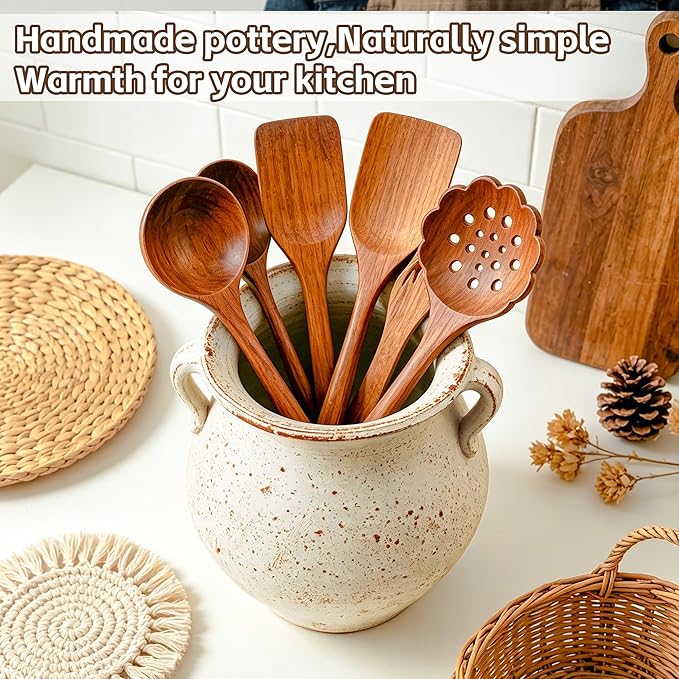 Rustic Kitchen Utensil Holder for Countertop, 7.6x4.9In Large Ceramic Cooking