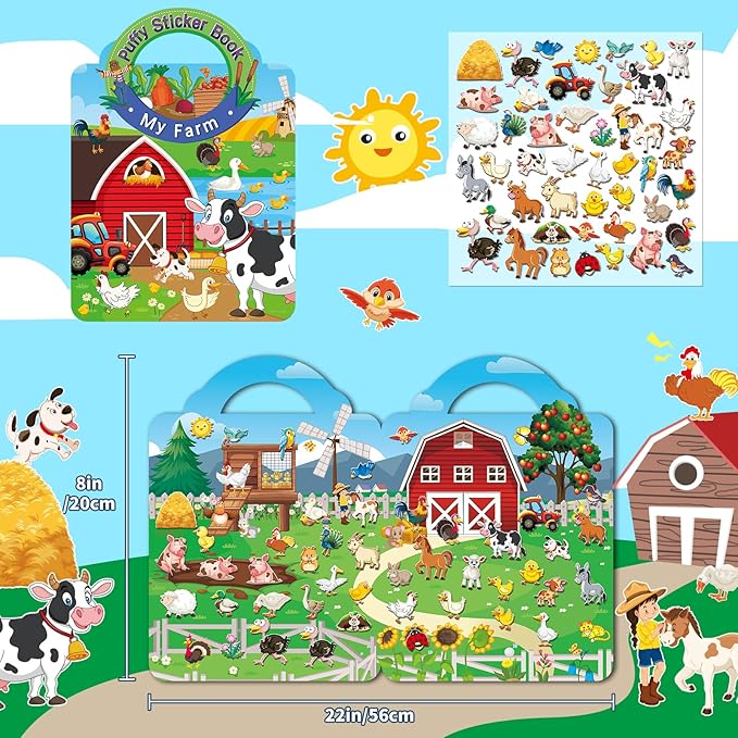 6 Sets 3D Reusable Sticker Books for Toddlers, Puffy Activity Books for Kids Ages 3-5, Travel Sticker for Kids 3 4 5 6 Years Old Girls & Boys Birthday Gifts