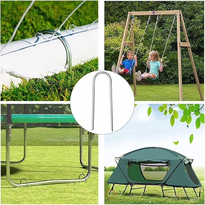 10inch Trampoline Stakes Heavy Duty Trampoline Parts Wind Stakes U Type 8pcs Ground Anchors High Wind Galvanized Steel Stakes for Trampoline Camping Tent Garden (Silver)
