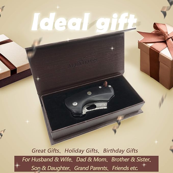 ALBATROSS Premium Folding Pocket Knife - EDC Mini VG10 Damascus Steel with 2" Blade - Ebony Wood Handle - Compact Outdoor Camping Knife with Gift Box - HGDK024