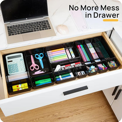 Vtopmart 25 PCS Office Desk Drawer Organizers Set, 4-Size Versatile Plastic Drawer Organizer Trays, Storage Bins for Desk Accessories Office Organizers and Storage, Bathroom, Makeup, Vanity, Black