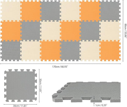 qqpp EVA Rubber 18 Tiles Interlocking Puzzle Foam Floor Mats - Baby Play Mat for Playing | Exercise Mat for Home Workout. Orange, Beige, Gray. QC-BJLb18N