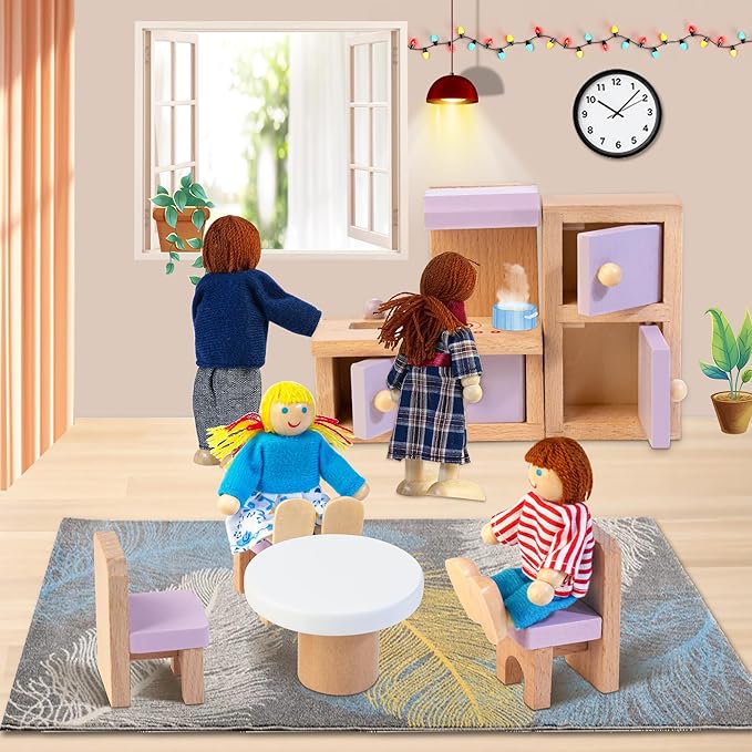 Kizfarm Wooden Dollhouse Furniture Set with 4 Family Dolls, 26 Pcs Pretend Play Dollhouse Accessories for 4 Rooms, Pink Furniture Toys Birthday Gifts for Girls Boys Age 3+
