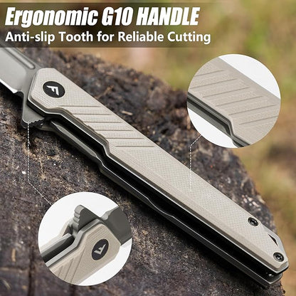FLISSA Folding Knife, Pocket Knife with D2 Steel Blade, G10 Handle, Pocket Clip, Lightweight for Tactical, Camping, Hiking, Hunting, EDC, Daily Use, Outdoor Activities(Brown)