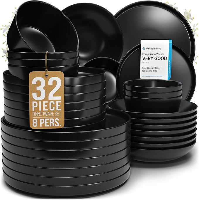 Stoneware dinnerware set 8 persons 32 pcs – Matte black style plates and bowls set – Dishwasher and microwave safe – Bowl and plate set – Dinner service Pure Living Interior Design