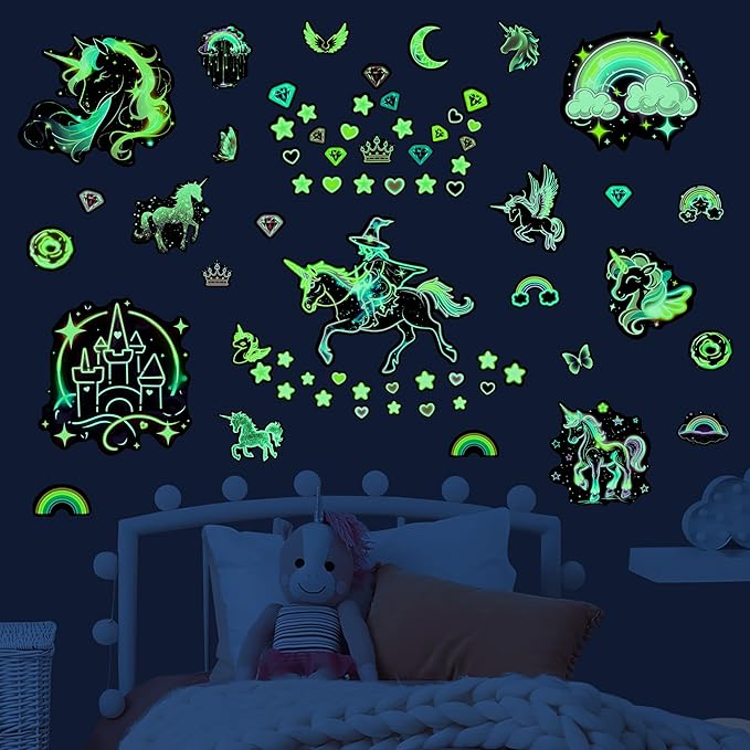 Glow in The Dark Unicorn Wall Decals, Neon Fantasy Rainbow Unicorn Wall Stickers for Girls Room, Colorful Diamond Star Love Room Decor, Baby Girl Boy Bedroom Ceiling Nursery Decoration