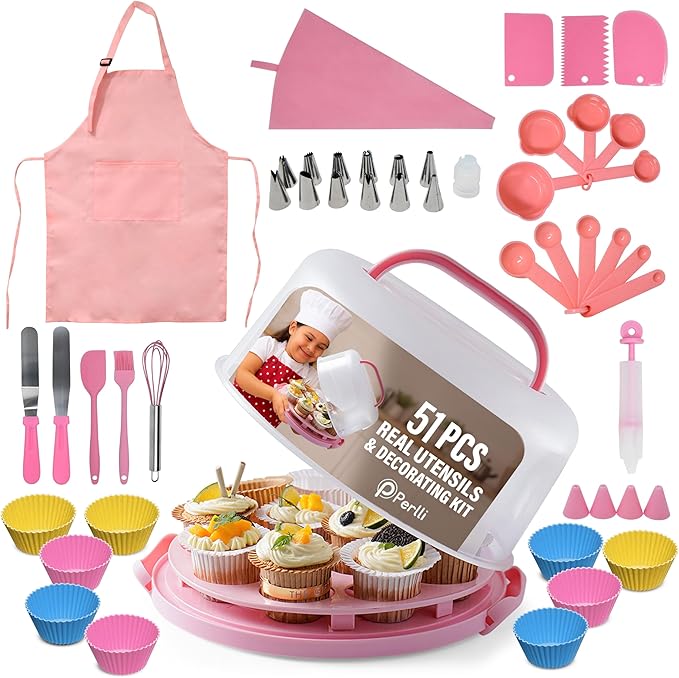 Perlli Kids Cake & Cupcake Baking Set – 51 Pieces Real Utensils & Decorating Kit with Carrier Safe Baking Supplies Gift for Junior Chefs Girls & Boys (Pink)
