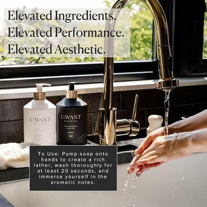 L'AVANT Collective The Ultimate Dish Wash Duo, Natural Luxury Dish Soap 16 Fl Oz with Refillable Glass Pump Bottle & 2 Loofah Dish Sponges for Pots, Pans, Dishes and Kitchen Cleaning, Fresh Linen