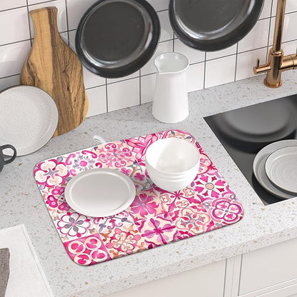 Pink Mexican Tiles Dish Drying Mat Absorbent Microfiber Dish Drying Pad