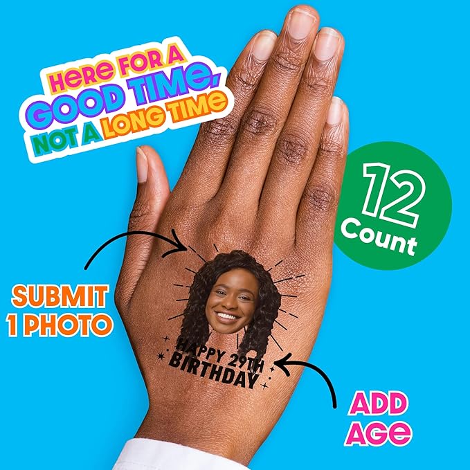 Big Dot of Happiness Custom Photo Adult Happy Birthday - Birthday Party Favors - Fun Face Temporary Tattoos - Set of 12