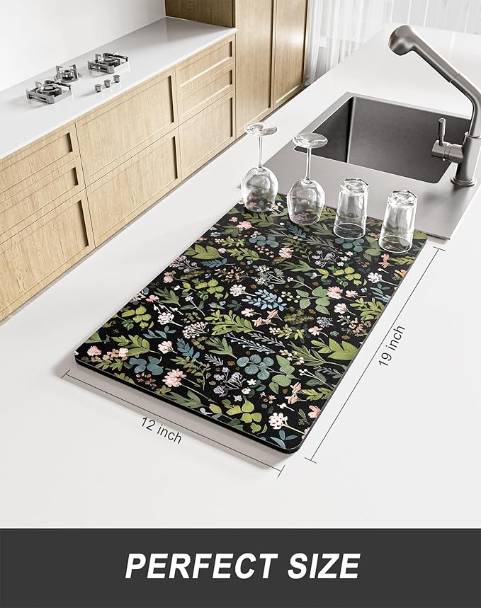 Rnivvi Dish Drying Mat for Kitchen Counter, 12 x 19" Cute Flower Theme Super