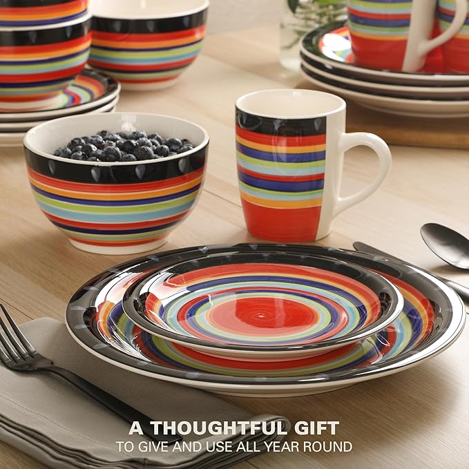 Gibson Home Festival Rings 16-Piece Stoneware Dinnerware Set – Colorful Hand-Painted Plates, Bowls & Mugs, Service for 4, Dishwasher & Microwave Safe Vibrant Tableware