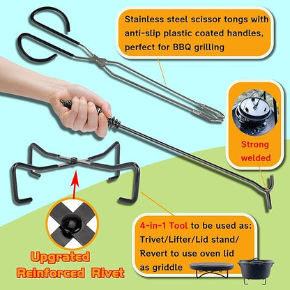 6-in-1 Dutch Oven Camping Accessories Kit - Campfire Cooking Equipment with Marshmallow Roasting Sticks, Heat-Resistant Gloves, 16" Scissors Tongs, Lid Lifter & Lid Stand