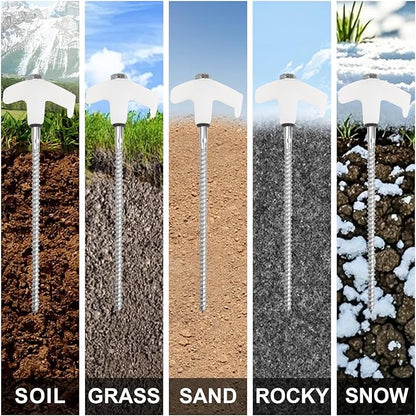 12 Pcs Tent Stakes Heavy Duty, 8 in Ground Anchors Screw in, Grow in the Dark Screw in Tent Stakes, Camping Stakes with Storage Box, Threaded Tent Spikes with Hex Head Driver and Stake Puller