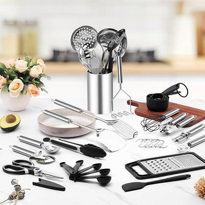 E-far Stainless Steel Kitchen Utensils Set, 39-Piece Cooking Utensils Set with Holder, Non-toxic Metal Heat Resistant Kitchen Gadgets Cookware Tool Spatula Set for Cooking, Dishwasher Safe