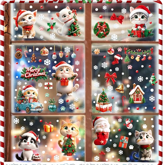 9 Sheets Christmas Cats Window Clings Reusable Kitty Animal Xmas Tree Window Decals Double Side Printed Window Stickers Glass Door Home Party Supplies Showcase Decoration