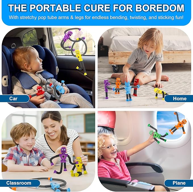 Robot Suction Cup Toys Pop Tubes | 6 PCS-Stretchy Sensory Fidget Toys for Kids Ages 3+ | Perfect for Travel, Party Favors,Autism, Stress Relief | Fun Robot-Shaped Suction Cup Toys