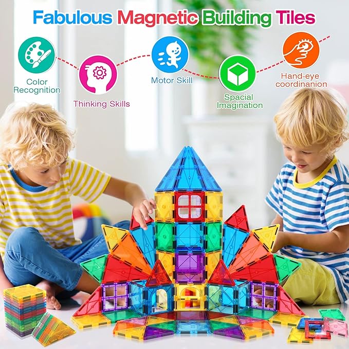Magnetic Tiles for Kids Ages 3-5 4-8 STEM Educational Gifts Toys for 3 4 5 6 7+ Year Old Boys Girls Magnet Building Blocks Beginner Set Sensory Toddler Toys for Age 3-4 Christmas Birthday