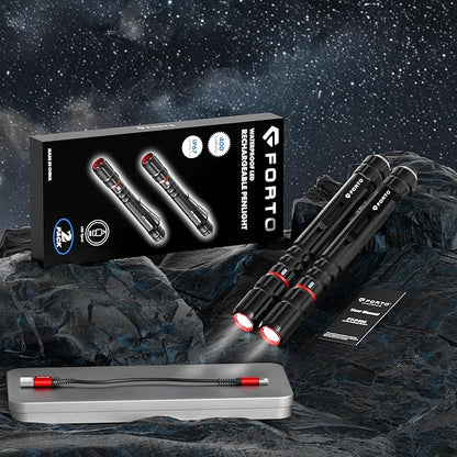 FORTO Rechargeable Pen Light Flashlight, 400 Lumens Small Pocket Flashlight with Clip, IP67 Waterproof, 2 Light Modes, 3-Color Battery Indicator, Type-C Charging, for Inspection,Emergency（2 Pack）