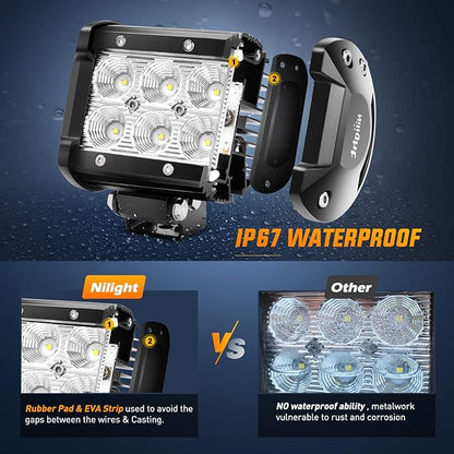 Nilight Led Pods 2Pcs 18W 1260LM Flood Off Road Lights Super Bright Driving Work Fog Lamps for Trucks Pickup Golf Cart SUV ATV UTV 4x4 Van Camper Boat