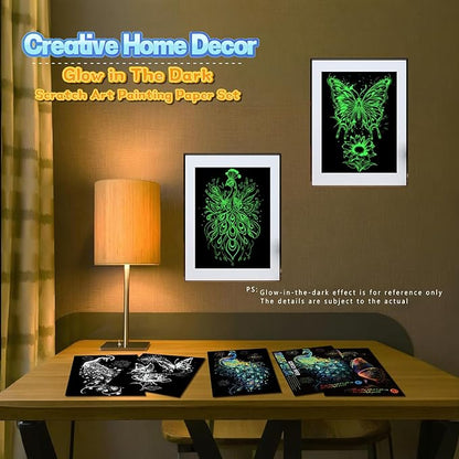 Scratch Paper Art for Adults-Glow in The Dark Scratch Painting Craft Kit (8 Sheets A4)|Foil Engraving Art Set|Stress Relief Gift for Craft Lovers|Creative Scratch Art Home Decor(Butterfly&Peacock)‌
