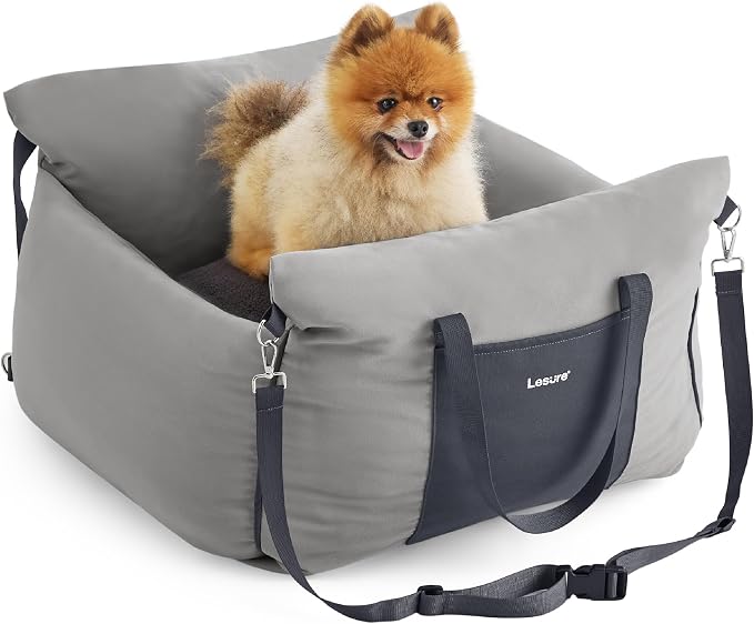 Lesure Small Dog Car Seat for Small Dogs - Soft Dog Booster Seat for Car with Storage Pocket and Clip-On Safety Leash and Thickened Memory Foam Filling, Pet Carseat Travel Carrier Bed, Grey