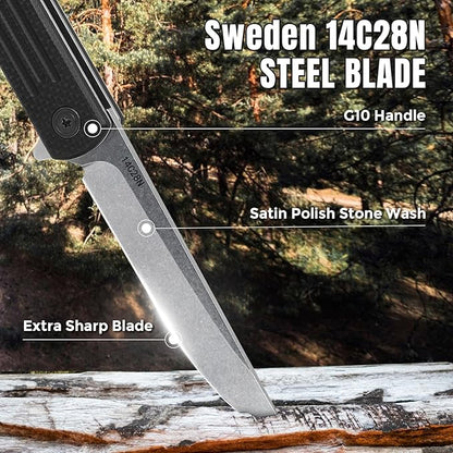 Folding Pocket Knife, 3.19” 14C28N Steel Blade G10 Handle Praxis Small Flipper Liner Lock EDC Folding Knife, Sharp Survival Camping Hiking Hunting Tactical Knives for Men (Black)