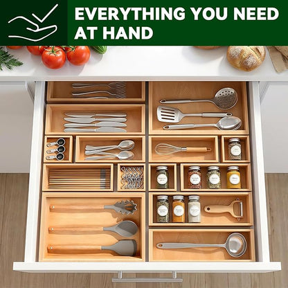 Bamboo Drawer Organizer 14 Pcs for Kitchen Multi-purpose Storage Dividers for