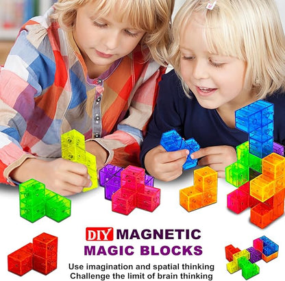 Magnetic Building Blocks Magic Magnetic 3D Puzzle Cubes, Set of 7 Multi Shapes Magnetic Blocks with 54 Guide Cards,Parent-Child Interactive Children's Educational Toys (7color)