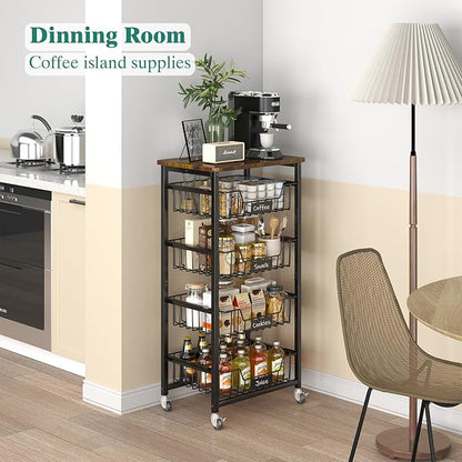 Kitchen Storage Cart with Wheels, 5-Tier Metal Utility Rolling Cart Fruit