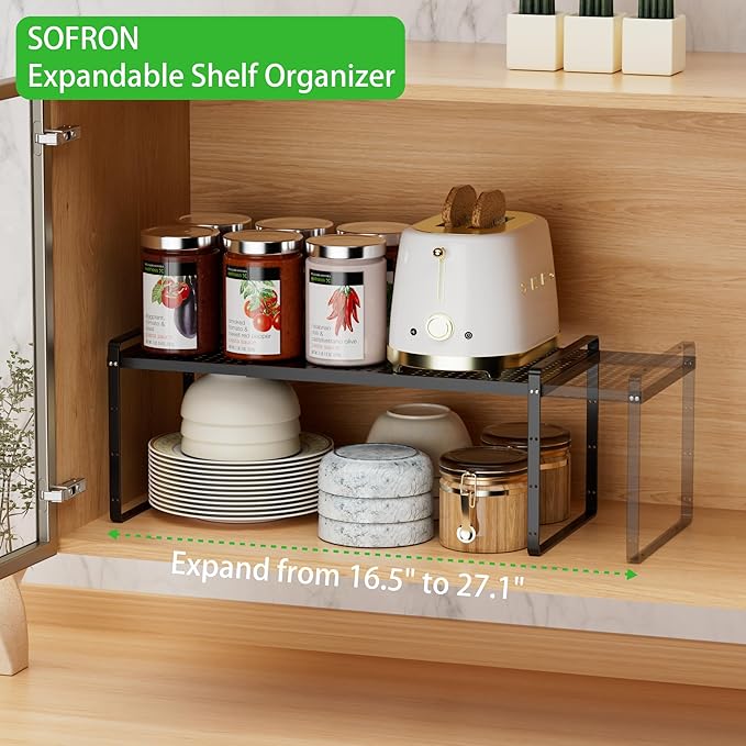 Expandable Cabinet Storage Shelf Stackable Organizer Rack for Kitchen Bathroom Pantry Spice Cupboard Coffee Countertop Home Office Desk Heavy Duty Nonslip Black Large 2 Packs