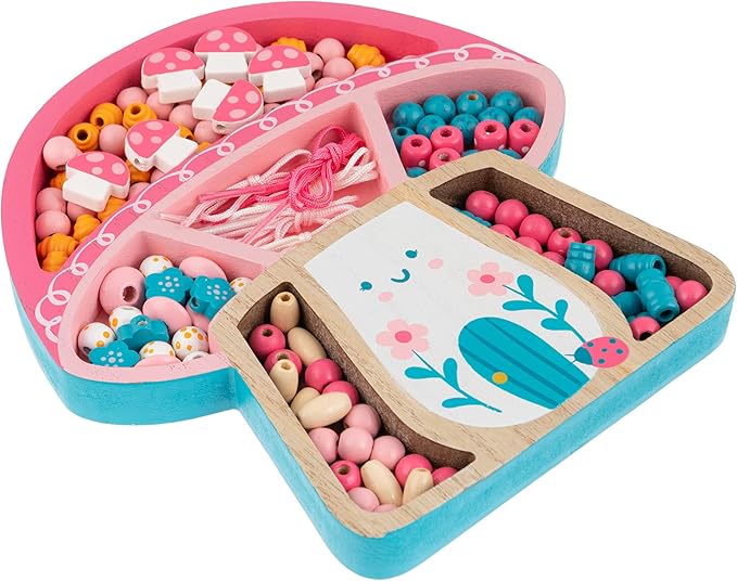 Stephen Joseph, Wooden Bead Kit for Kids, 125 Wooden Beads with 4 Necklace and 4 Bracelet Cords with Reusable Wooden Tray, Premium Wood Jewelry Making Kit for Kids, Mushroom