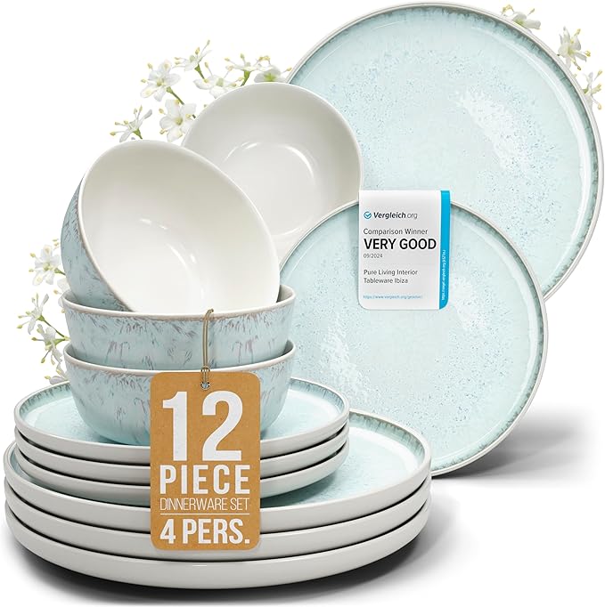 Stoneware dinnerware set 4 persons 12 pcs – Modern style plates and bowls set ceramic – Dishwasher, microwave and scratch resistant – Bowl and plate set – Dinner service Pure Living beige & light blue