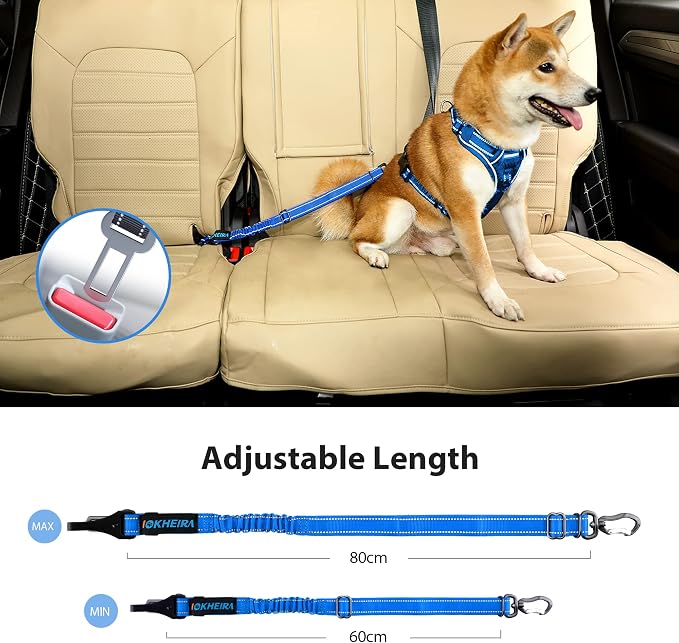 IOKHEIRA Dog Seatbelt - Adjustable Reflective Bungee Car Seatbelt with Aluminum Swivel Carabiner