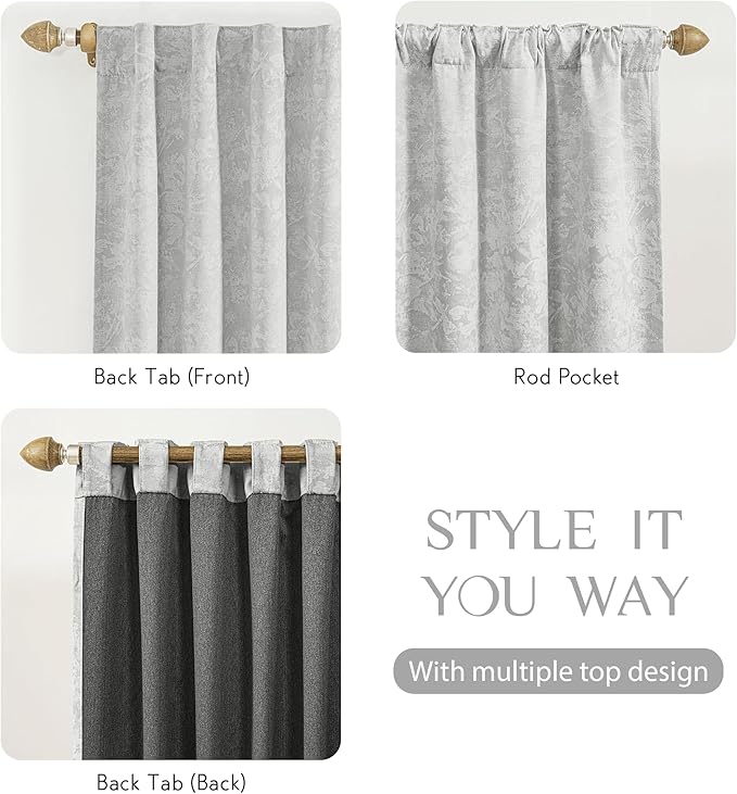 Beauoop Grey Floral Jacquard Blackout Curtains 63 Inches Long 2 Panels
