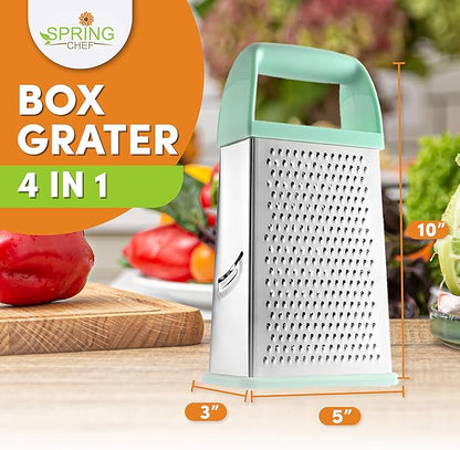 Spring Chef Professional 10" Stainless Steel Parmesan Cheese Grater with Handle, 4 Sided Handheld Box Grater, Kitchen Potato Shredder for Hash Browns, Hard Cheese, Ginger, Vegetables, Carrot - Mint