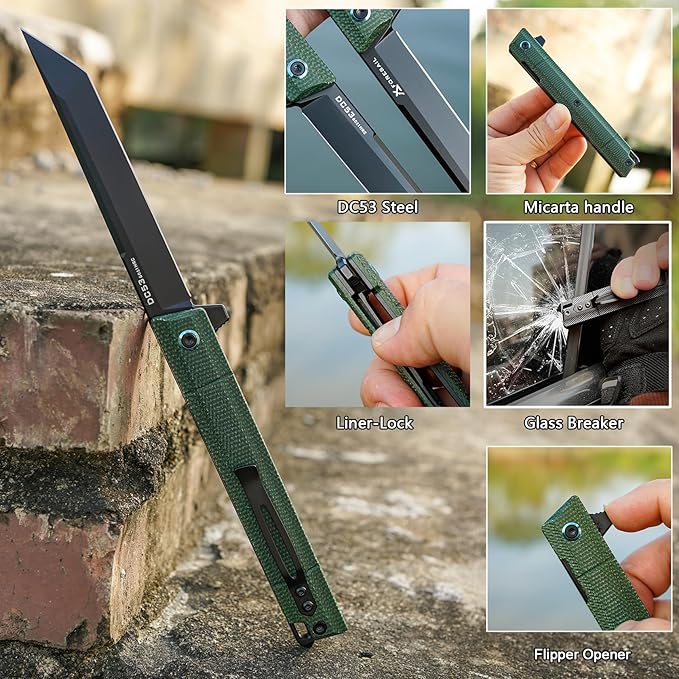 Flipper Pocket Folding Knife,DC53 Steel Blade and G10 Handle. With pocket clip and glass breaker,men's pocket knife hiking trip EDC tool Knife (Green Micarta Handle)