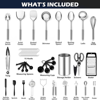 E-far Stainless Steel Kitchen Utensils Set, 39-Piece Cooking Utensils Set with Holder, Non-toxic Metal Heat Resistant Kitchen Gadgets Cookware Tool Spatula Set for Cooking, Dishwasher Safe