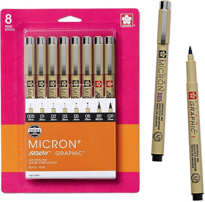 SAKURA Pigma Micron Fineliner Pens - Archival Black Ink Pens - for Writing or Drawing for Artists, Crafters & DIY Gifts Projects - Assorted Point Sizes - 8 Count