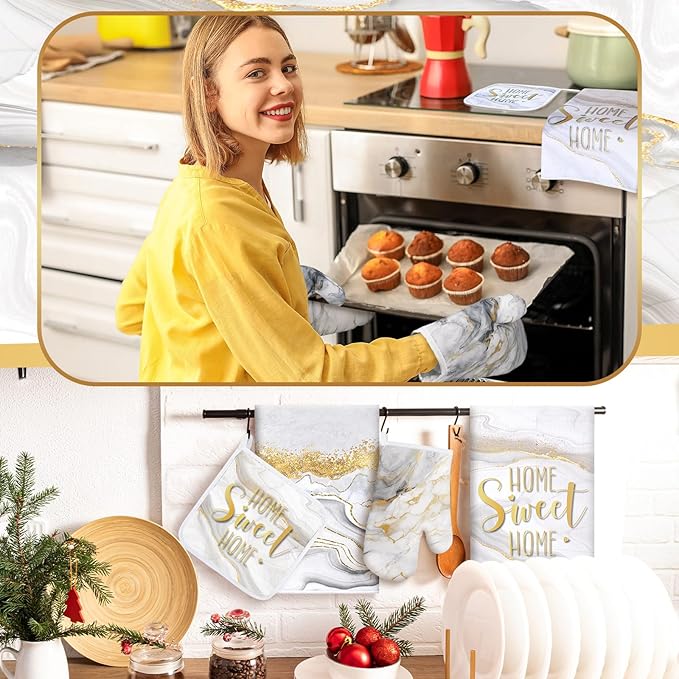 Bencailor 6 Pcs Marble Kitchen Decor Gold Pot Holders Oven Mitts 2 Dish Towels