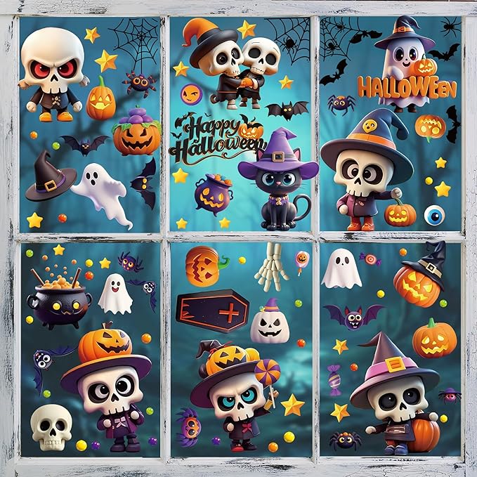9 Sheets Halloween Window Clings,Cut Ghost Pumpkin Bat Cat Stickers,Reusable Halloween Window Decals Decorations for Party Supplies Home Shop Glass Decor
