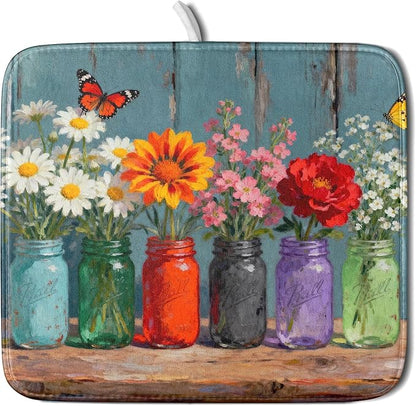 Small Dish Drying Mat for Kitchen Counter 16x18, Spring Summer Floral