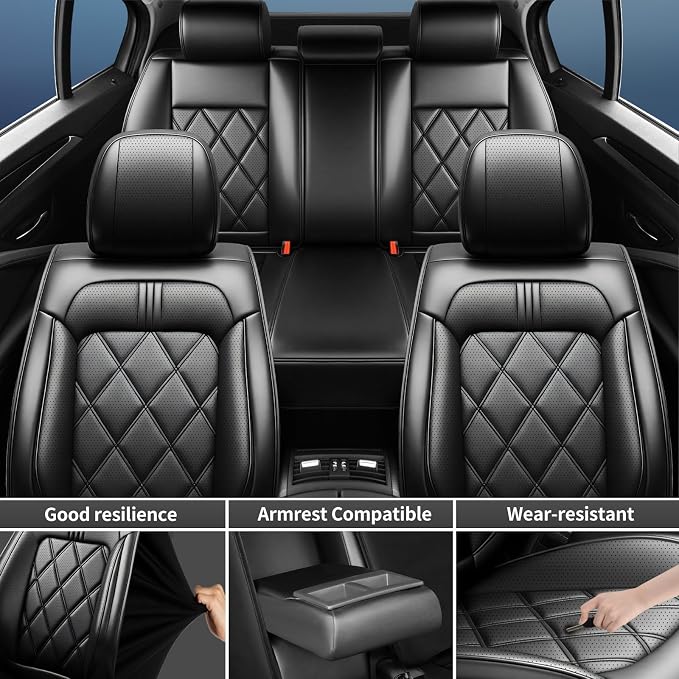 Taurus Car Seat Covers Fit for Ford Taurus 2002-2019, Premium Full Coverage Leather Automotive Seat Protectors, All Seasons Waterproof Breathable, Airbag Compatible, (Full Set, Black)