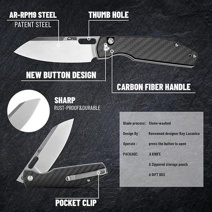 CJRB CUTLERY Pocket Knife Ekko(1929) Folding Knife for Men AR-RPM9 Steel Blade and Black Carbon Fiber Handle for Work Outdoor Hinking Camping
