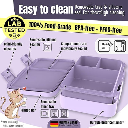 BEARFOOT Kids Lunch Box with Compartments – Compact & Lightweight | Leak-Proof, BPA-Free, Dishwasher & Microwave Safe | Hand-Drawn Design for Preschool, School, Travel (BubbleTea Purple, 4 Cups)