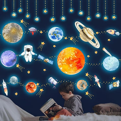 Glow in The Dark Planets and Stars Wall Decals, Luminous Astronaut Galaxy Space Rockets Wall Stickers Space Ceiling Decor for Boys Girls Bedroom Kids Baby Nursery Living Room Decoration